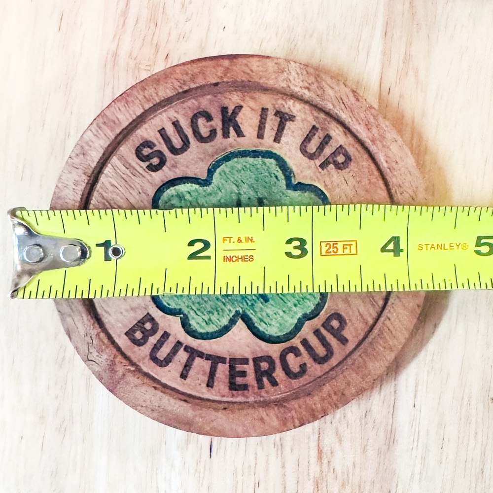 Wooden Coaster Set - "Suck It Up Buttercup" Engraved Design with Holder - Picture 3 of 5